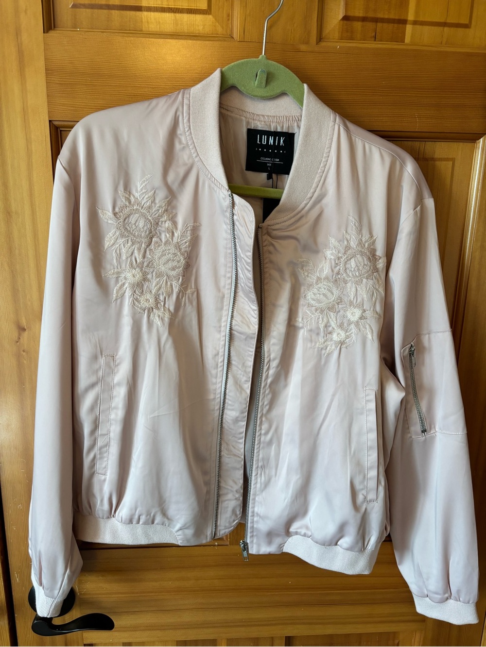 Lunik Women's Light Blush Pink Satin Embroidered Bomber Jacket